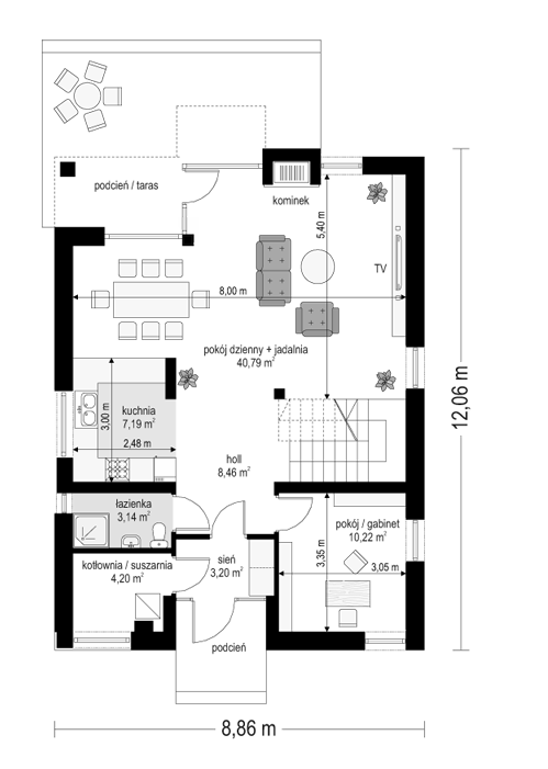 Rzut parteru POW. 77,2 m²