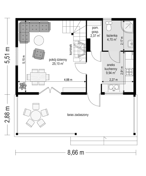 Rzut parteru POW. 42,1 m²