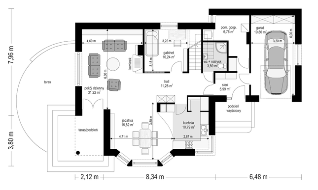 Rzut parteru POW. 115,8 m²