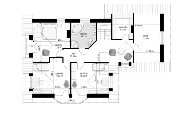 Rzut poddasza POW. 92,1 m²