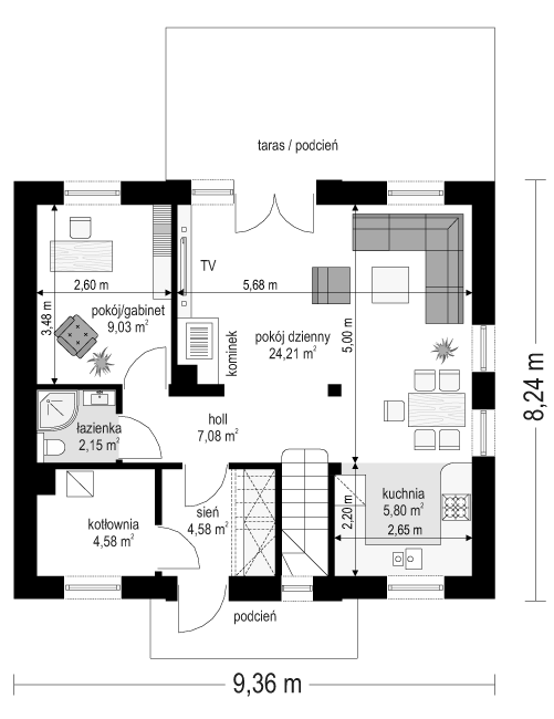 Rzut parteru POW. 57,4 m²