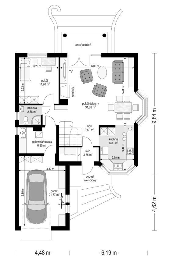 Rzut parteru POW. 96,5 m²