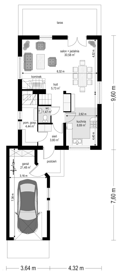 Rzut parteru POW. 76,2 m²