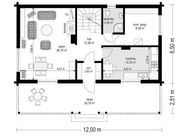 Rzut parteru POW. 64,2 m²