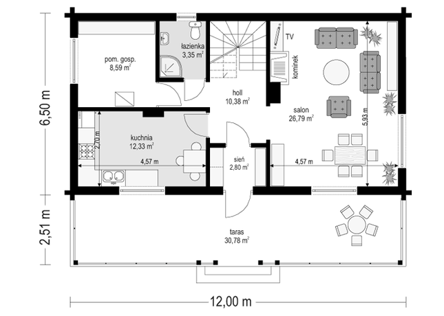 Rzut parteru lustro POW. 64,2 m²