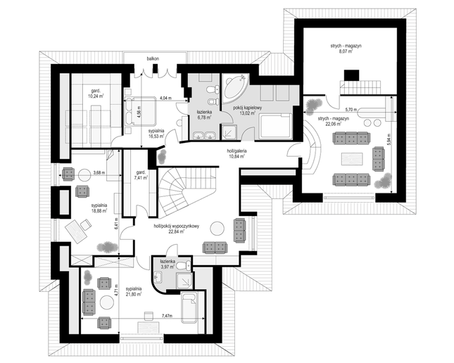 Rzut poddasza POW. 162,4 m²