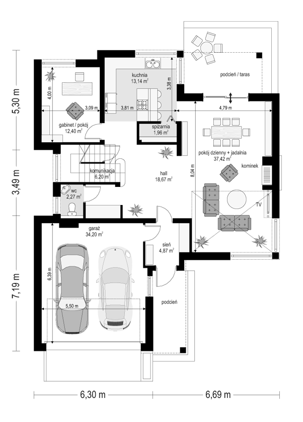 Rzut parteru POW. 131,1 m²