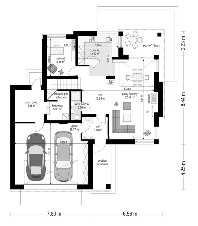 Rzut parteru POW. 128,2 m²