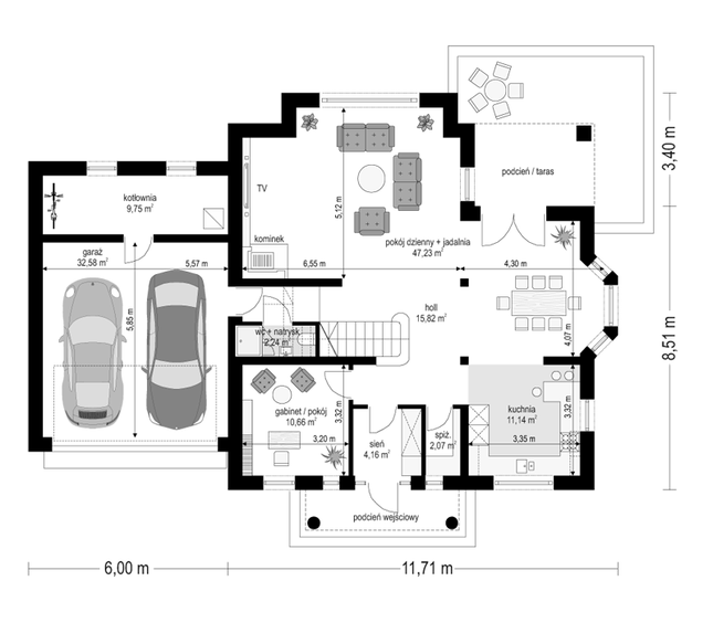 Rzut parteru POW. 135,6 m²