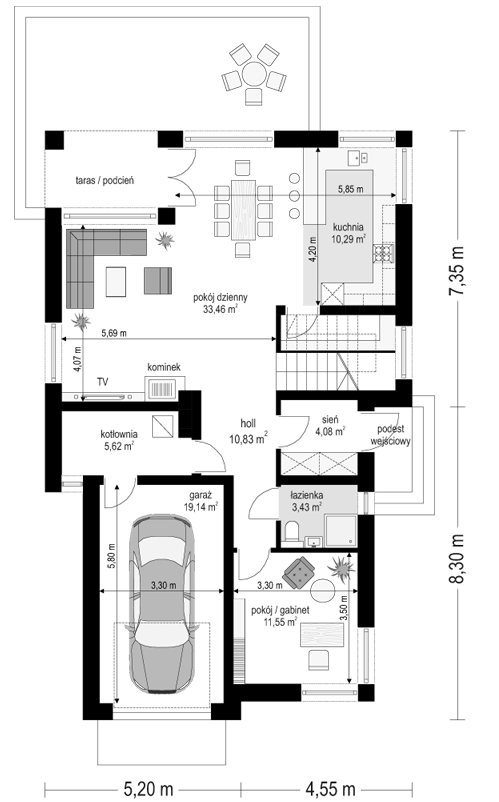 Rzut parteru POW. 98,4 m²