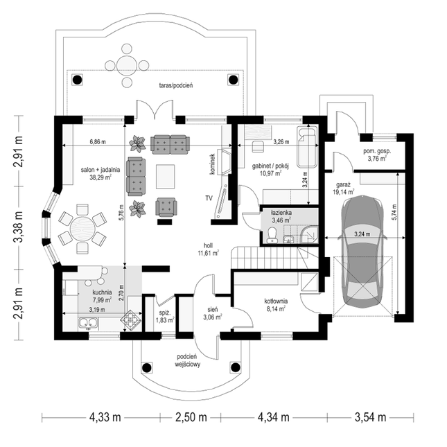 Rzut parteru POW. 108,3 m²