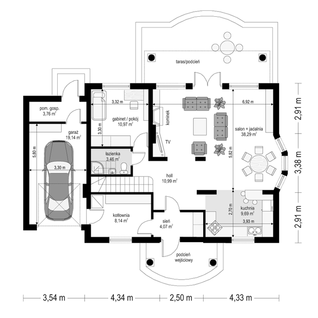 Rzut parteru POW. 108,5 m²