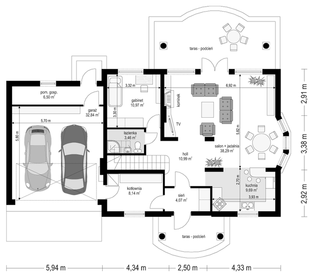 Rzut parteru POW. 125,0 m²