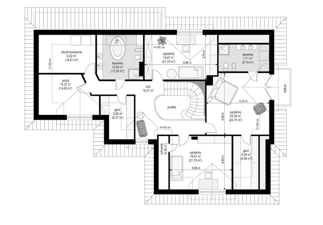 Rzut poddasza POW. 159,1 m²