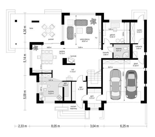 Rzut parteru POW. 164,6 m²