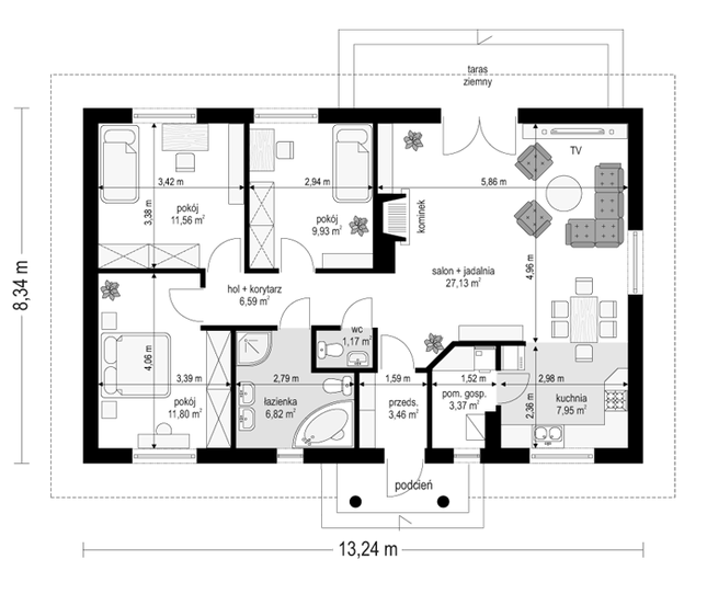 Rzut parteru POW. 89,8 m²