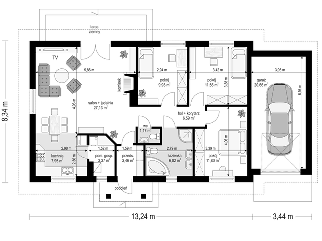 Rzut parteru POW. 110,4 m²