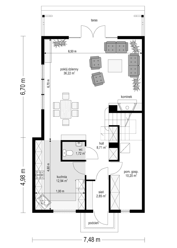 Rzut parteru POW. 72,6 m²