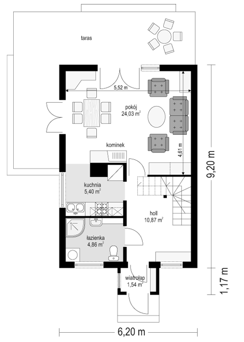 Rzut parteru POW. 46,7 m²