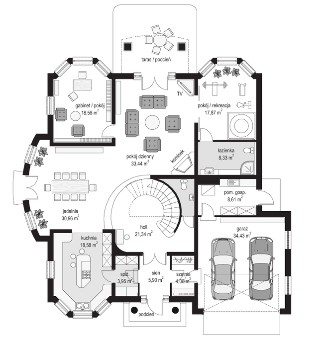 Rzut parteru POW. 206,1 m²