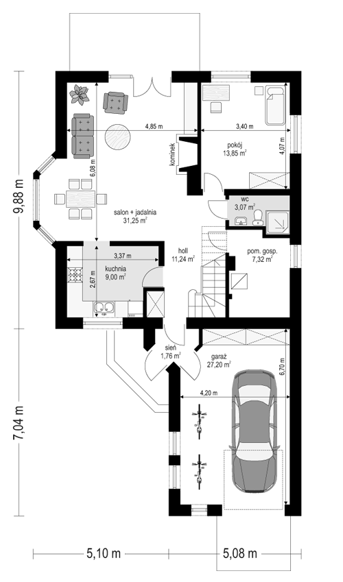 Rzut parteru POW. 104,7 m²