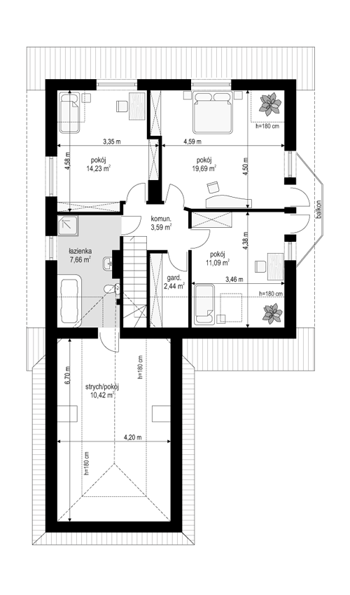 Rzut poddasza lustro POW. 69,1 m²