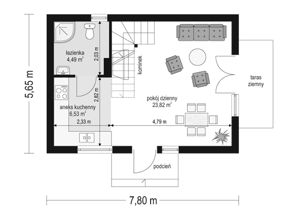 Rzut parteru POW. 34,8 m²