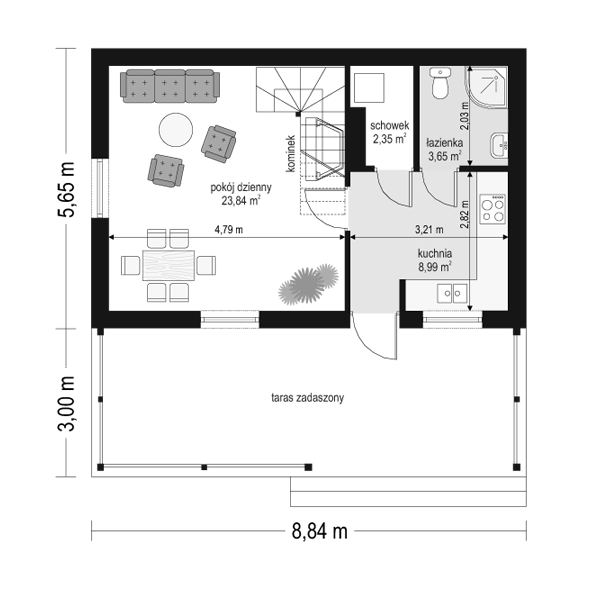 Rzut parteru POW. 38,8 m²