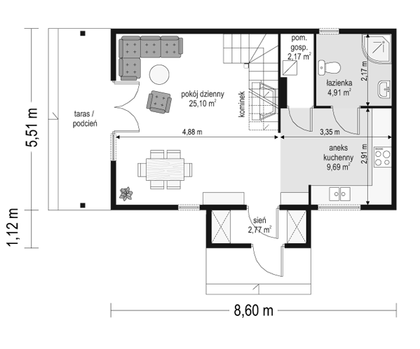 Rzut parteru POW. 44,6 m²