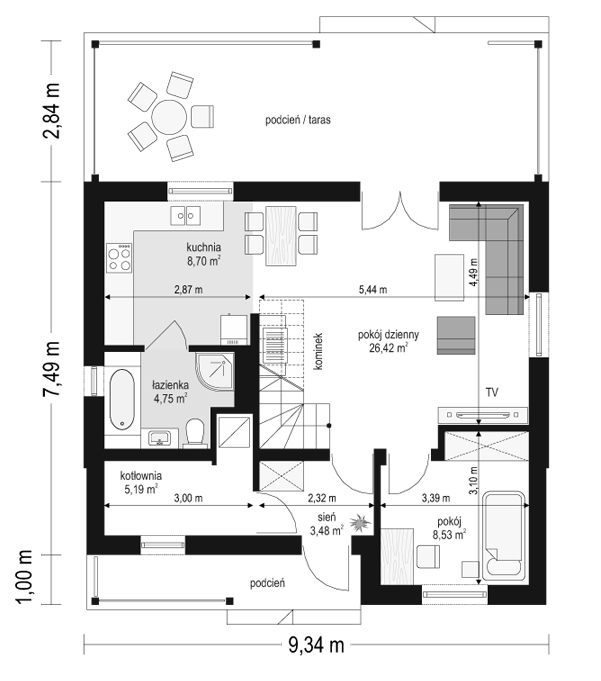 Rzut parteru POW. 57,1 m²