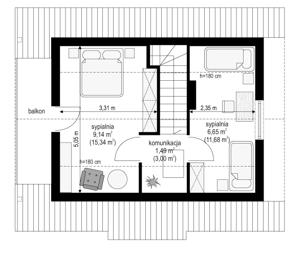 Rzut poddasza lustro POW. 30,0 m²