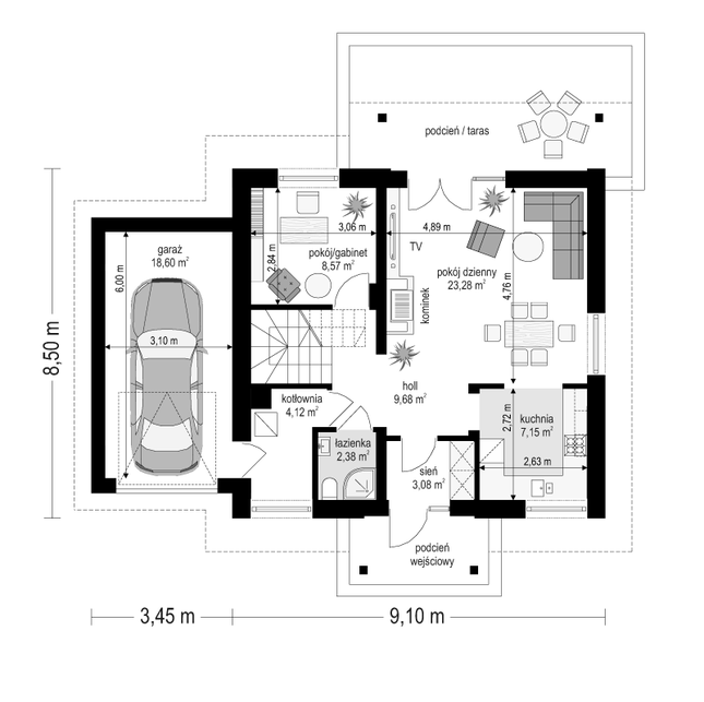 Rzut parteru POW. 76,9 m²