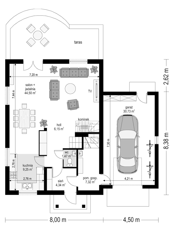 Rzut parteru POW. 103,8 m²