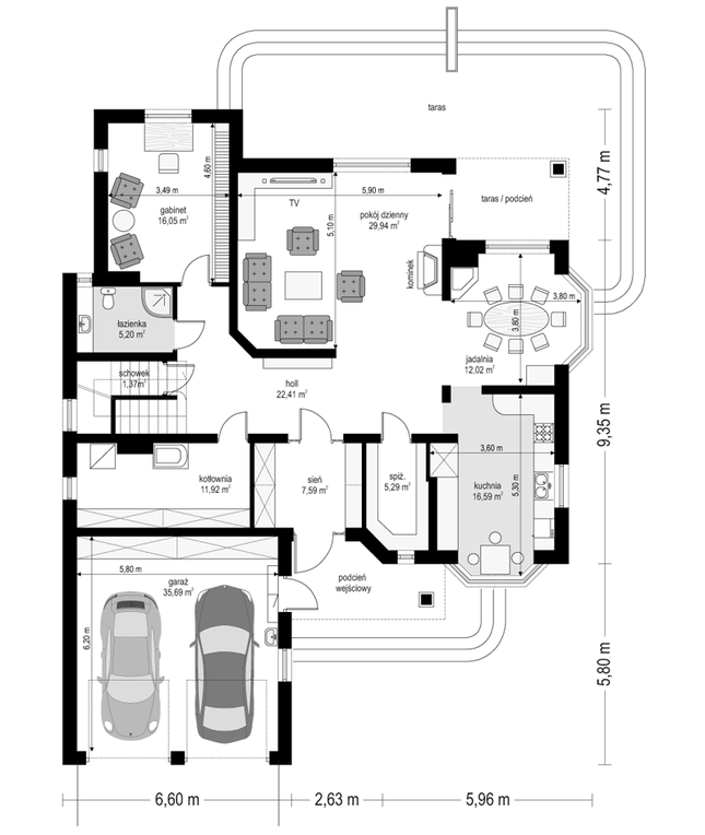 Rzut parteru POW. 164,1 m²