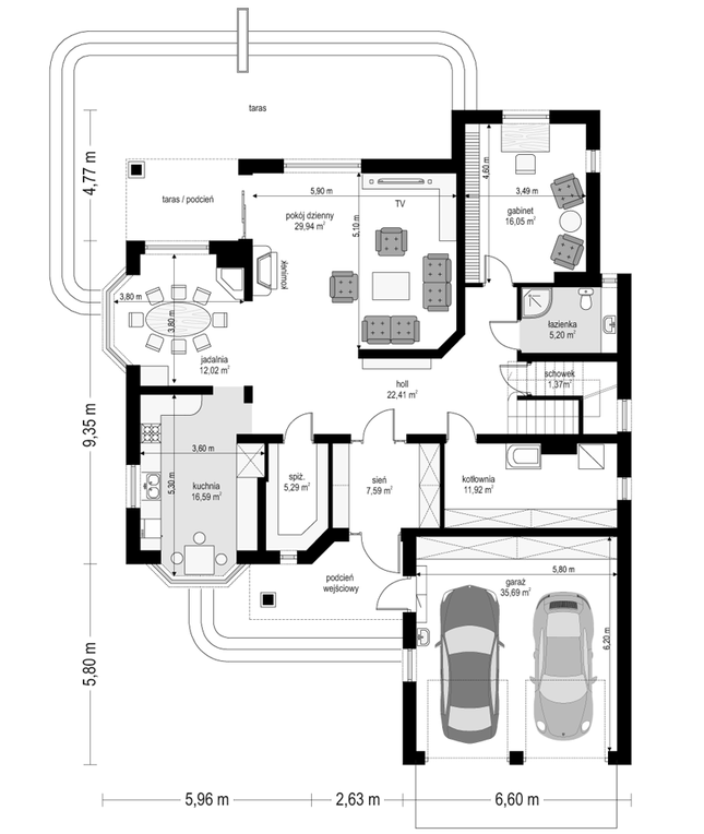 Rzut parteru lustro POW. 164,1 m²