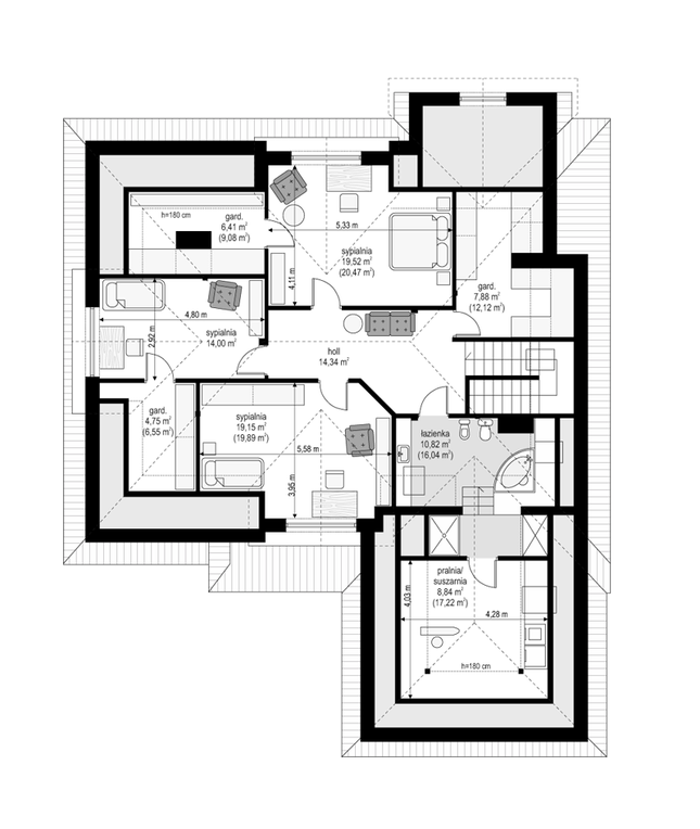 Rzut piętra lustro POW. 129,7 m²