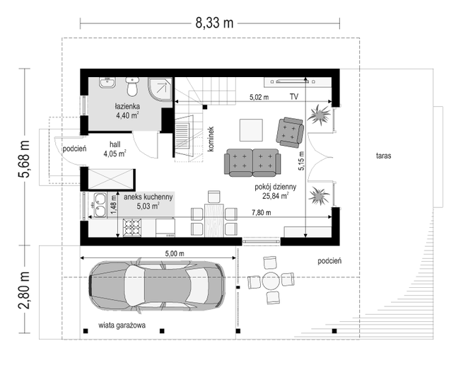 Rzut parteru POW. 39,3 m²