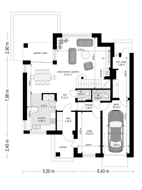 Rzut parteru POW. 104,4 m²