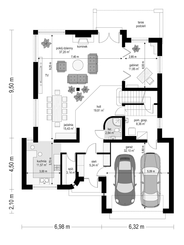 Rzut parteru POW. 147,5 m²