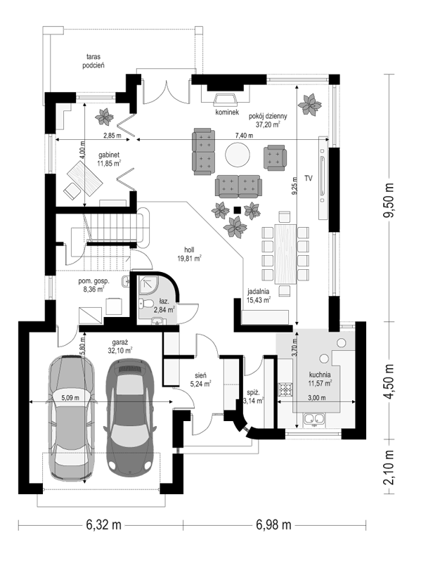 Rzut parteru lustro POW. 147,5 m²