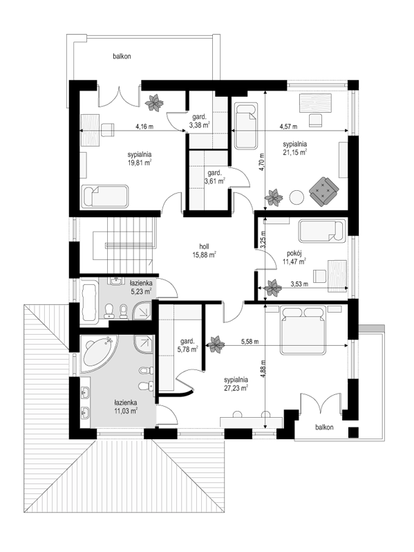 Rzut piętra lustro POW. 124,6 m²