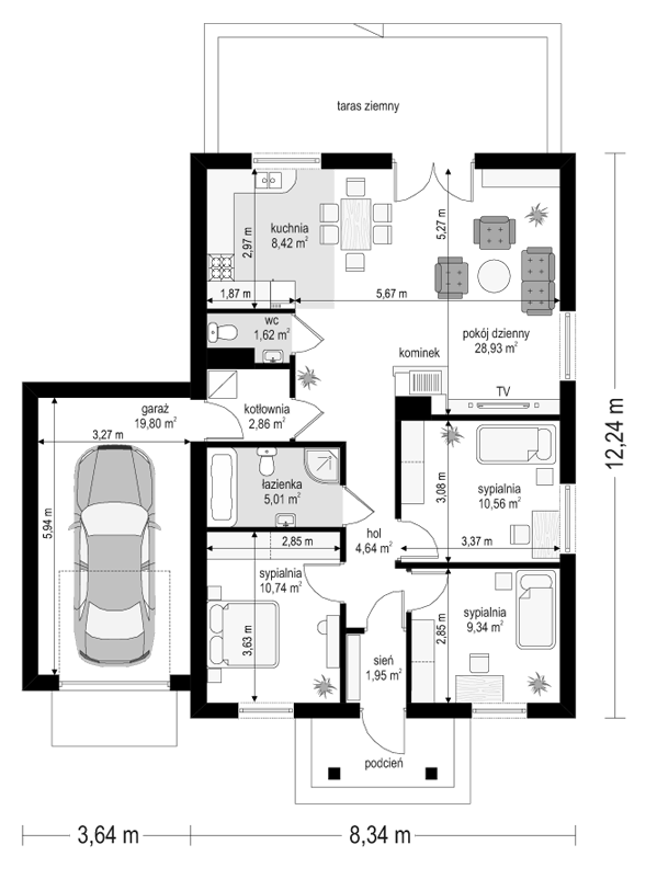 Rzut parteru POW. 103,9 m²