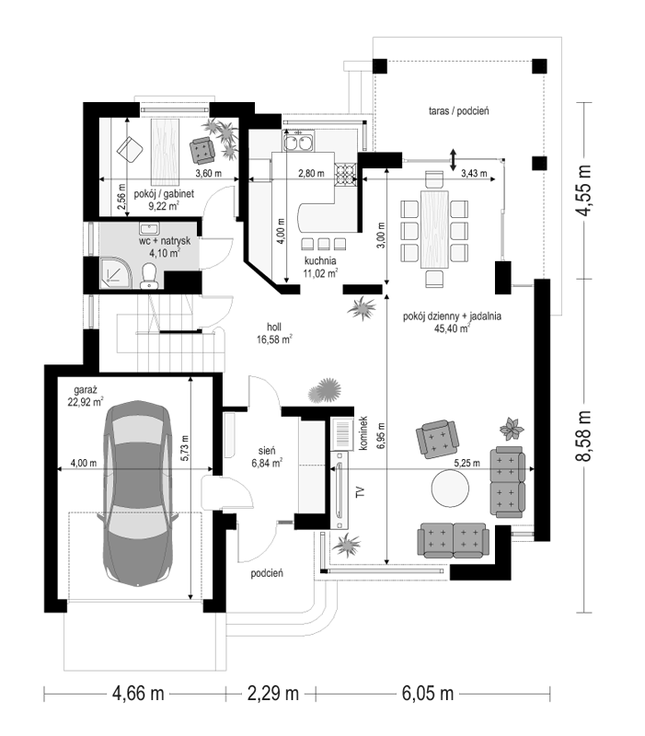 Rzut parteru POW. 116,1 m²