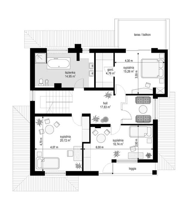 Rzut piętra POW. 92,3 m²