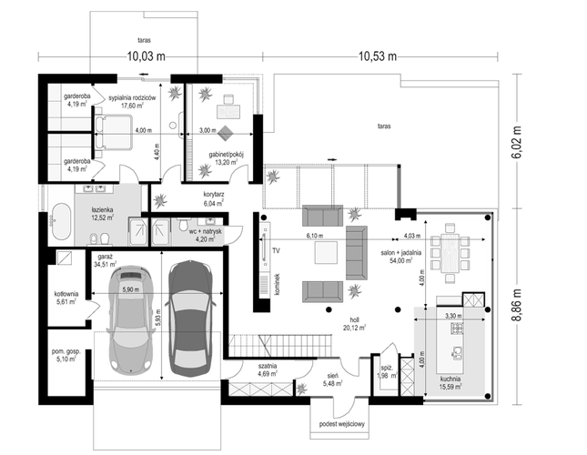 Rzut parteru POW. 209,0 m²