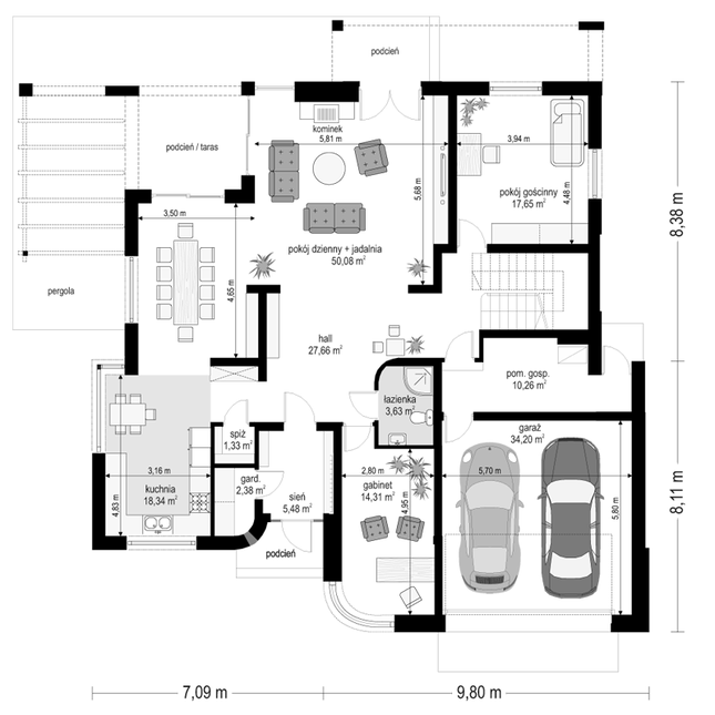Rzut parteru POW. 185,3 m²
