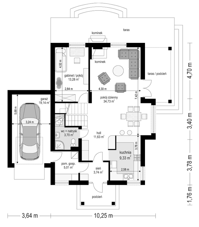 Rzut parteru POW. 100,6 m²