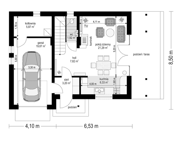 Rzut parteru POW. 65,5 m²