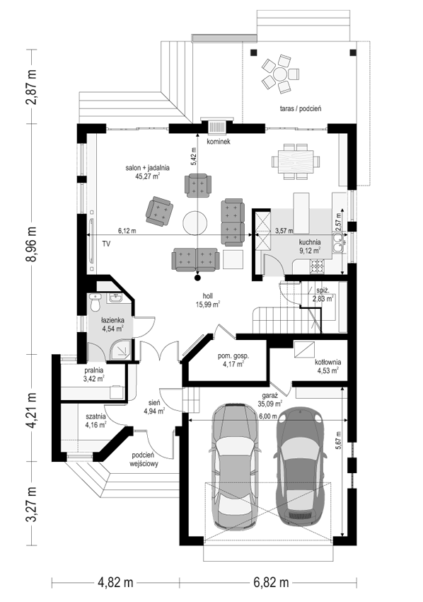 Rzut parteru POW. 134,1 m²