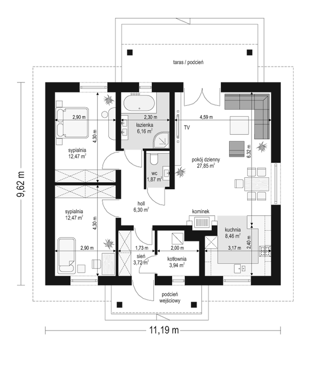 Rzut parteru POW. 83,2 m²